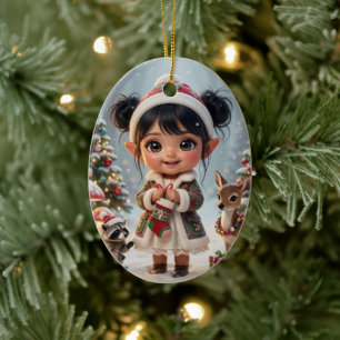 Adorno De Cerámica Navidad Personalizada de Chibi de Bosque Encantado