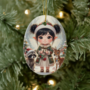 Adorno De Cerámica Navidad Personalizada de Chibi de Bosque Encantado