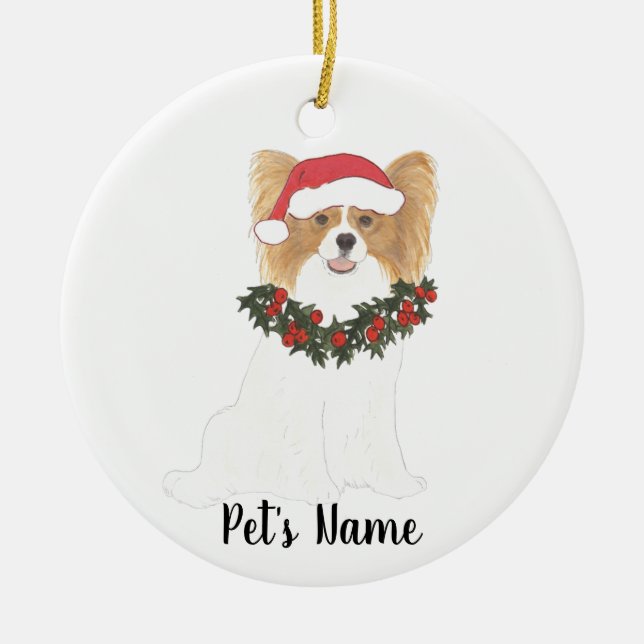 Adorno De Cerámica Navidad personalizada de Papillon rojo y blanco (Frente)