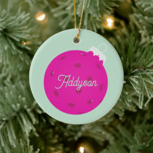 Adorno De Cerámica Navidad Personalizada de Pickleball Rosa Menta