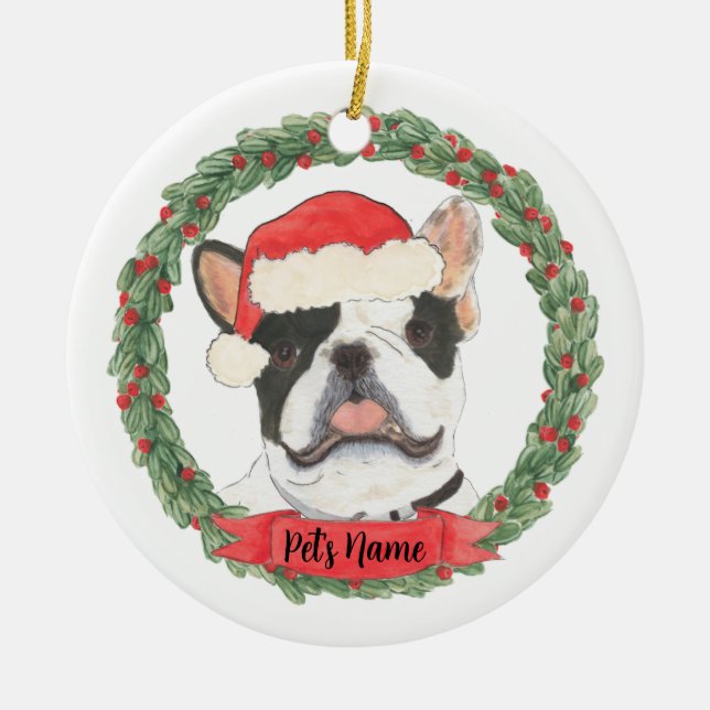 Adorno De Cerámica Navidad personalizada en blanco y negro Frenchie (Frente)