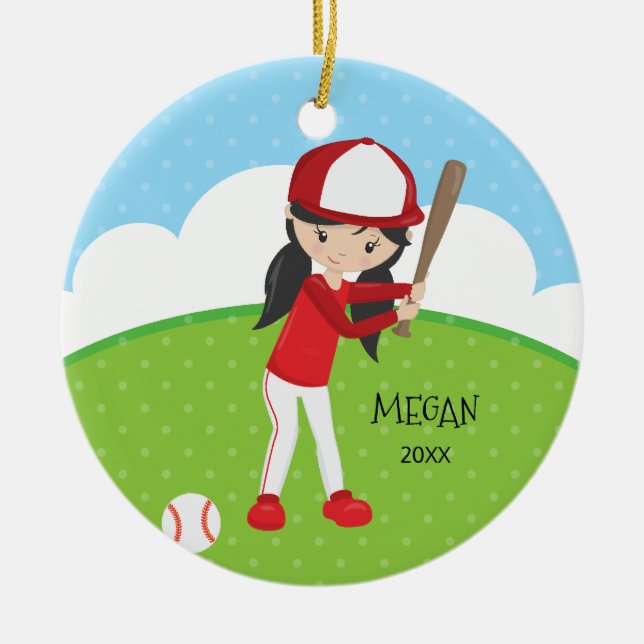 Adorno De Cerámica Navidad personalizado béisbol lindo del chica (Frente)