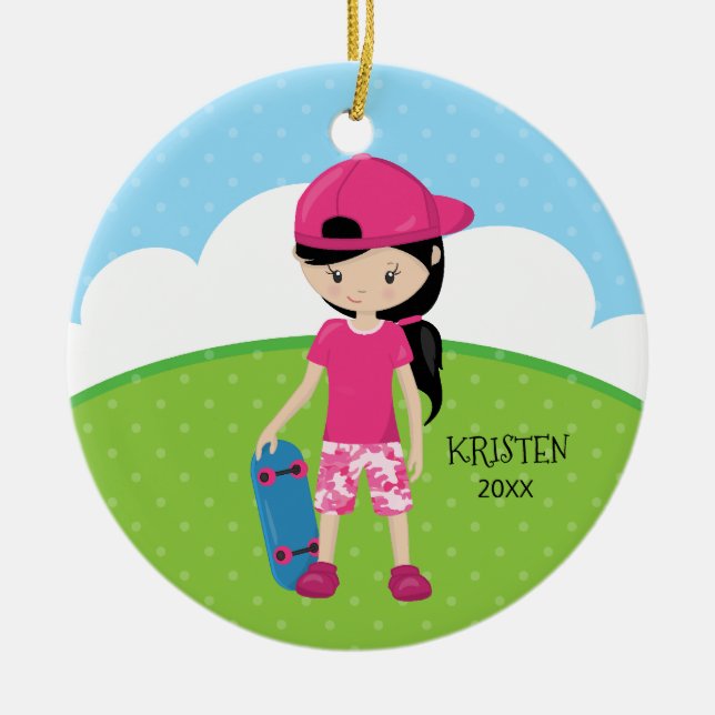 Adorno De Cerámica Navidad personalizado chica lindo del monopatín (Frente)