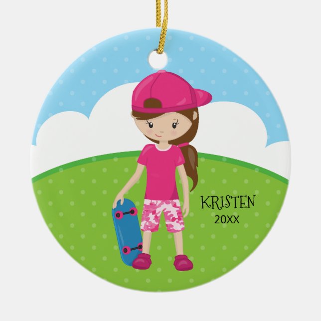 Adorno De Cerámica Navidad personalizado chica trigueno del monopatín (Frente)