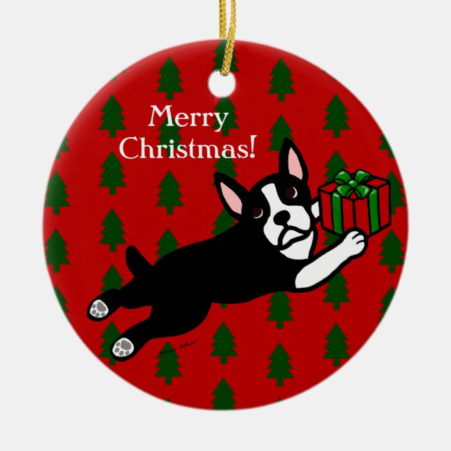 Adorno De Cerámica Navidad personalizado de Boston Terrier (Frente)