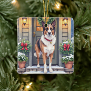 Adorno De Cerámica Navidad Pórtico Rústico Beauceron Acuarela