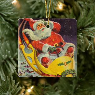 Adorno De Cerámica Navidad Retro, Santa Claus en una nave espacial