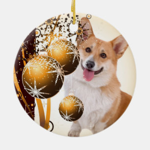 Adorno De Cerámica Navidad rojo y Corgi blanco