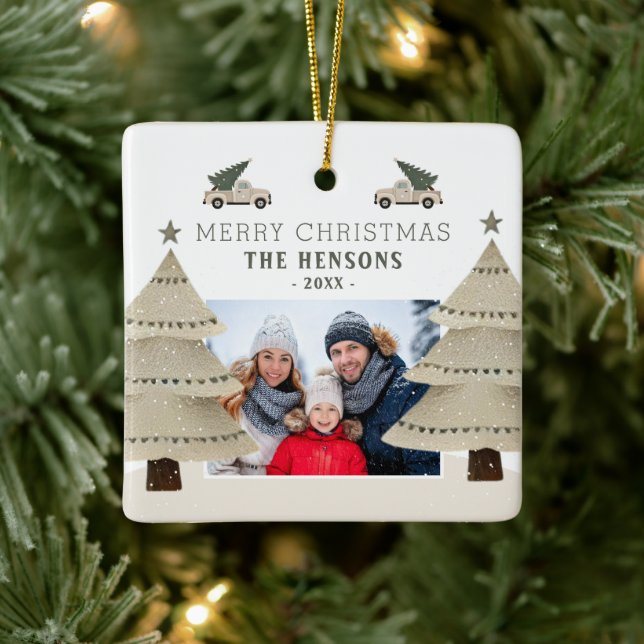 Adorno De Cerámica Navidad Tree Truck Family Photo Holiday