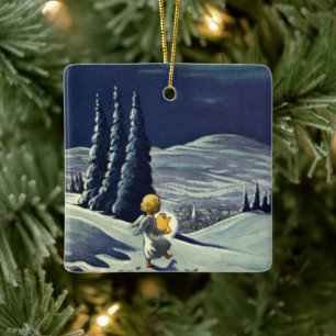 Adorno De Cerámica Navidad vintage, ángel de nieve caminando con una 