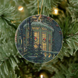 Adorno De Cerámica Navidad vintage, casa con coronas en Windows