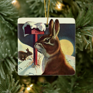 Adorno De Cerámica Navidad Vintage, conejos en una pradera de nieve i