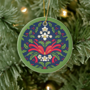 Adorno De Cerámica Navidad Vintage Feliz, Hojas de Acebo, Lazo Atado