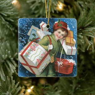 Adorno De Cerámica Navidad Vintage, Niña con Regalos en Nieve Inverna