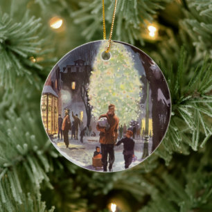 Adorno De Cerámica Navidad vintage, padre comprando con los niños