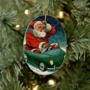 Adorno De Cerámica Navidad Vintage, Santa Claus en un Coche Encantado