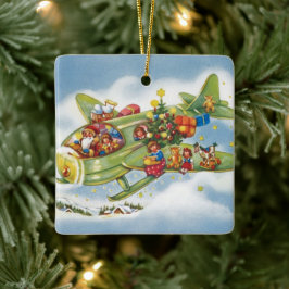 Adorno De Cerámica Navidad vintage, Santa Claus volando un avión