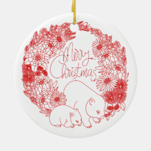 Adorno De Cerámica Navidad Wombat Rojo