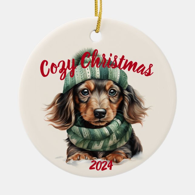 Adorno De Cerámica Navidades acogedores Dachshund: acuarela (Frente)