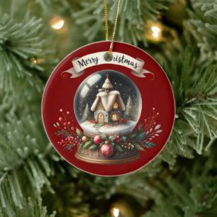 Adorno De Cerámica Navidades acogedores Escena de la cabaña de glóbul