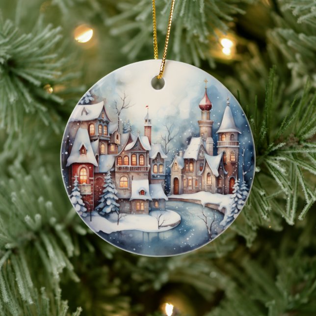 Adorno De Cerámica Navidades acuarela ciudad escena añadir mensaje (Árbol)
