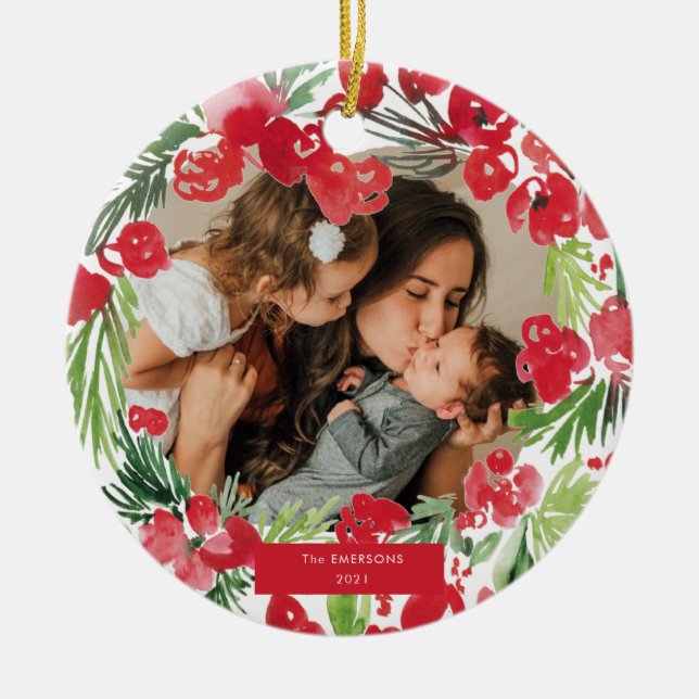 Adorno De Cerámica Navidades acuarela marco floral Foto (Frente)