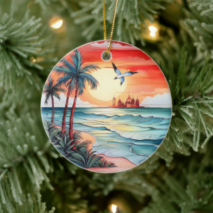 Adorno De Cerámica Navidades acuarela playa escena añadir mensaje
