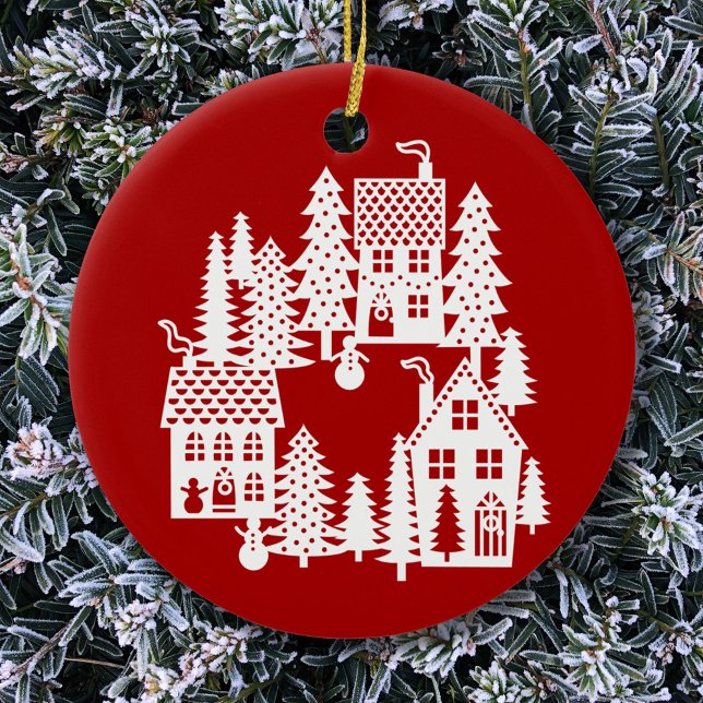 Adorno De Cerámica Navidades Aldea Rojo y Blanco (Red and white Christmas Village ceramic ornament)