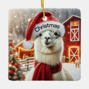 Adorno De Cerámica Navidades Alpaca con sombrero de santa