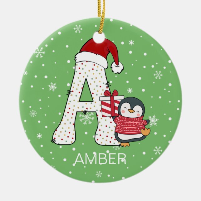 Adorno De Cerámica Navidades Alphabet A Santa Hat Penguin Snowflake (Frente)
