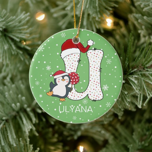 Adorno De Cerámica Navidades Alphabet U Santa Hat Penguin Snowflake (Árbol)