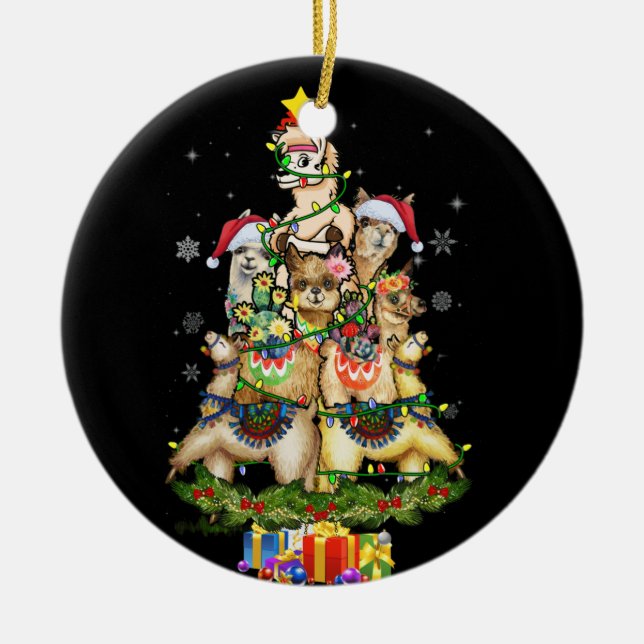 Adorno De Cerámica Navidades alumbran Llama Santa Hat Tree Llama (Frente)