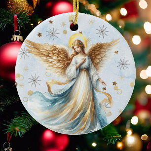 Adorno De Cerámica Navidades Angel Gold Blue Watercolor
