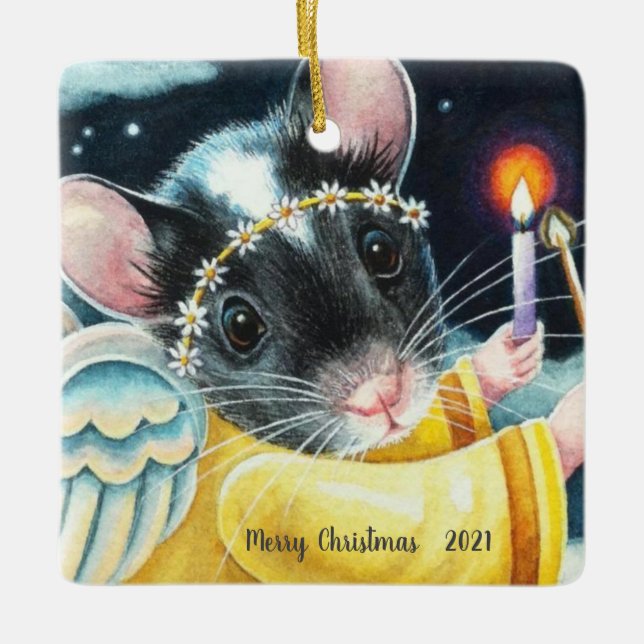 Adorno De Cerámica Navidades Angel Mouse y arte de la acuarela de vel (Anverso)