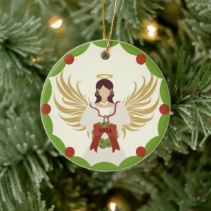 Adorno De Cerámica Navidades Angel Red Green Holly Wreath Año 2024