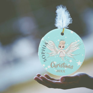 Adorno De Cerámica Navidades Angel Stars Foto Blue Pink Cute
