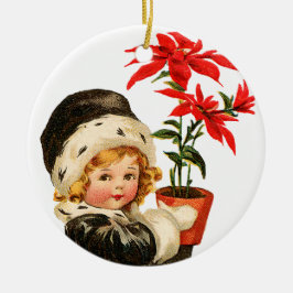 Adorno De Cerámica Navidades anticuados, Chica sostiene Poinsettia