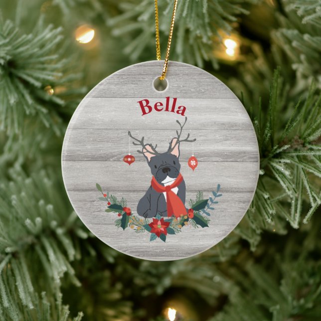 Adorno De Cerámica Navidades Antlers de Bulldog francés y vegetación  (Árbol)