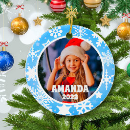 Adorno De Cerámica Navidades azules copos de nieve foto personalizada