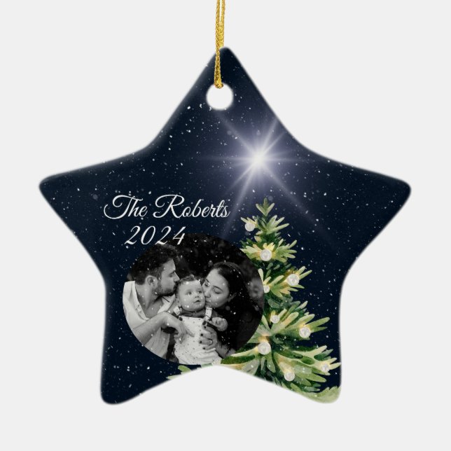 Adorno De Cerámica Navidades azules oscuros Copo de nieve y foto de l (Frente)