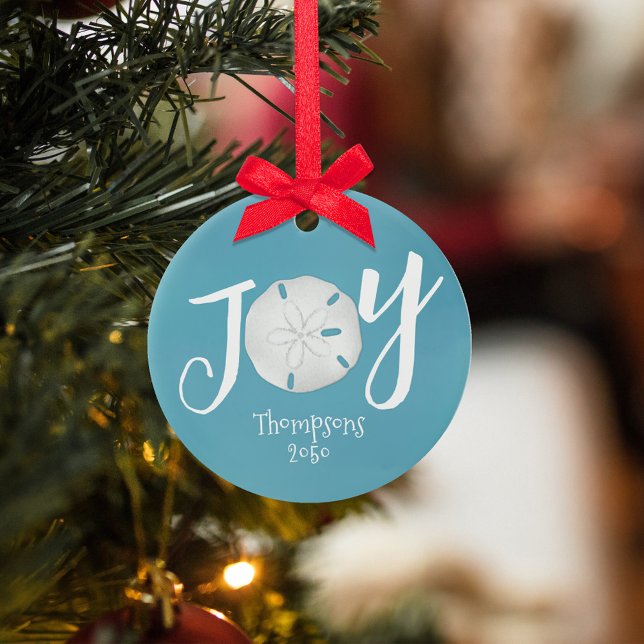 Adorno De Cerámica Navidades azules vacaciones joy Photo Beach Sand D (Simple Joy Typography sand dollar turquoise blue Christmas Photo Ornament. )