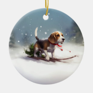 Adorno De Cerámica Navidades Beagle en invierno