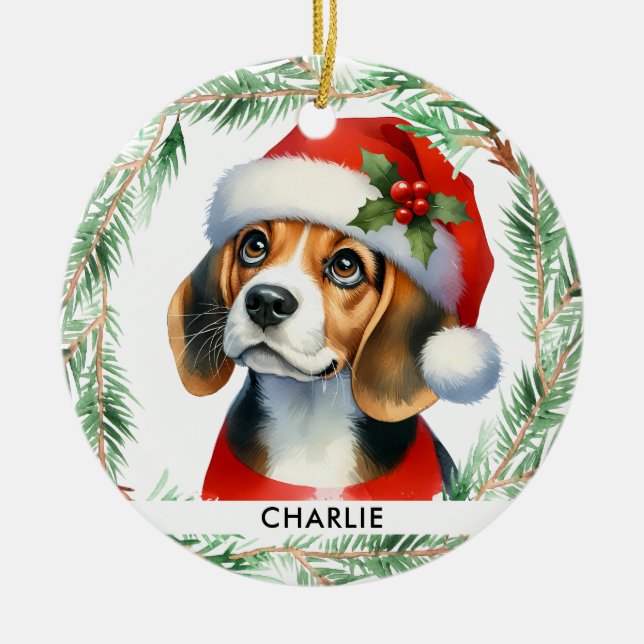 Adorno De Cerámica Navidades Beagle personalizados en Santa Dog (Frente)
