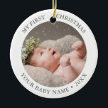 Adorno De Cerámica Navidades bebé 1 Foto<br><div class="desc">Primer bebé Navidad Unisex Modern Photo Ceramic Ornament con elegante Relieve metalizado blanco y lujoso neutro de plata.</div>