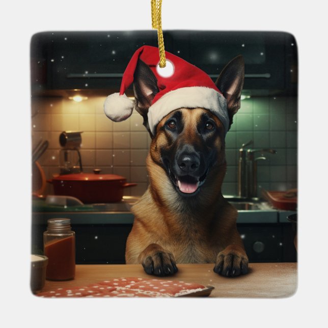 Adorno De Cerámica Navidades belgas de Malinois en vacaciones festiva (Anverso)