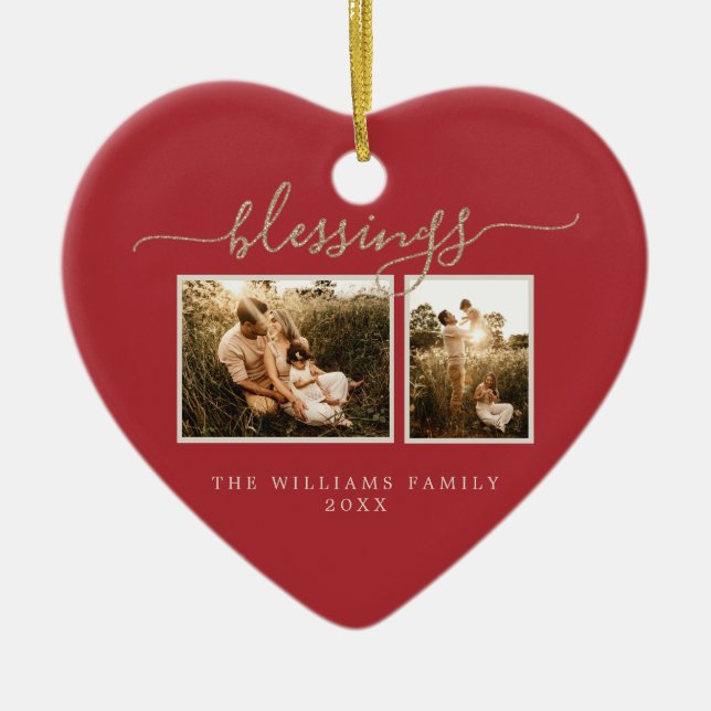 Adorno De Cerámica Navidades bendiciendo a familia roja fotográfica (Frente)