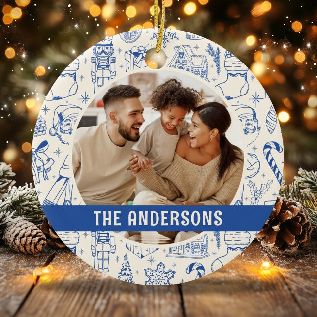 Adorno De Cerámica Navidades Blue Doodle Fotografía Familiar (Subido por el creador)