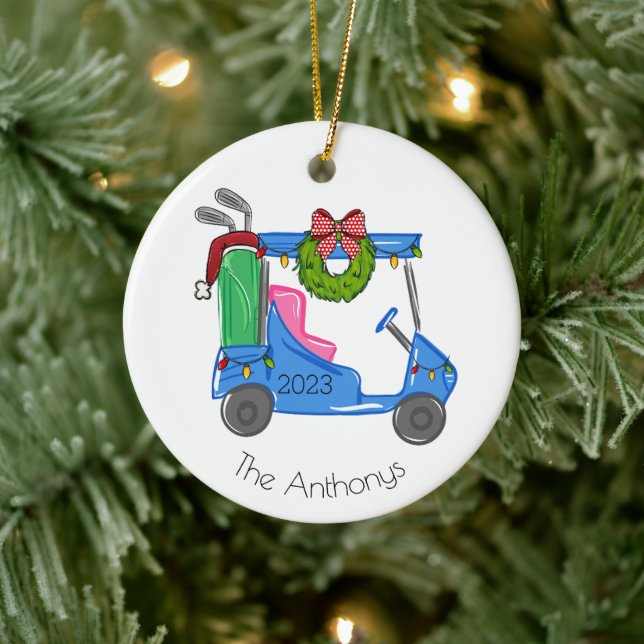 Adorno De Cerámica Navidades Blue Golf Cart Personalized Preppy (Árbol)