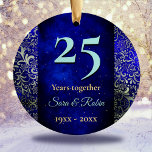 Adorno De Cerámica Navidades boda aniversario floral azul real<br><div class="desc">Elegante Navidades de monograma floral de plata azul real aniversario Boda ornamento cerámico. Espumoso, elegante y elegante regalo barato para las parejas que celebran su matrimonio. Se trata de un elegante recuerdo del aniversario de una boda que puede ser personalizado con su información especial de aniversario. Ps: no hay un...</div>
