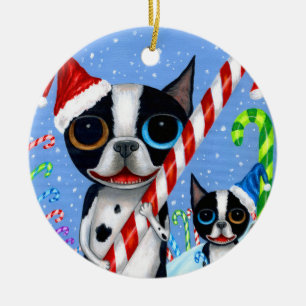 Adorno De Cerámica Navidades Boston Terrier Perros Candy Cane Santa H